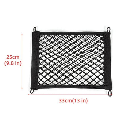 Car Trunk Net Bag 35x25cm Fine Net Elastic Storage Organizer - black elastic trunk net with four corner hooks and dimensions shown