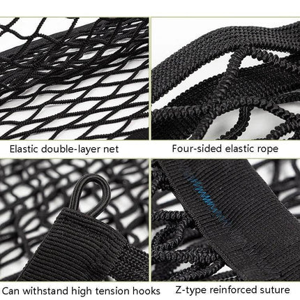 Car Trunk Net Bag 35x25cm Fine Net Elastic Storage Organizer - black elastic double-layer net with four-sided rope, hooks and reinforced seams