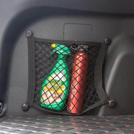 Car Trunk Net Bag 35x25cm Fine Net Elastic Storage Organizer holding spray bottle and thermos in car trunk pocket