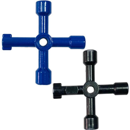 Cross Key Inner Triangle Wrench for Water Meter Valves compact zinc alloy cross key in blue and black, plated finish for confined spaces and valve access