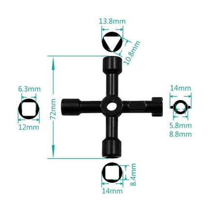 Cross Key Inner Triangle Wrench for Water Meter Valves compact zinc alloy four-way key for square hex and triangle fittings, corrosion‑resistant, 72mm