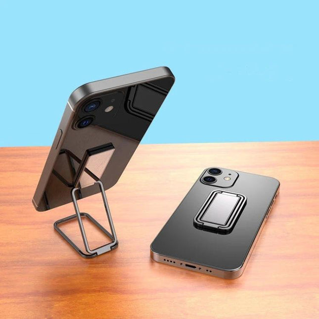 Square Folding Metal Ring Holder for Desktop Phones in Black propping phone for video calls and browsing on desk