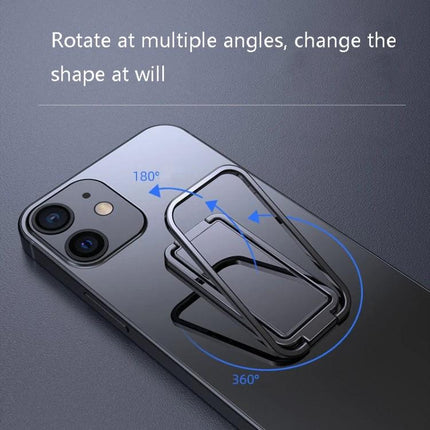 Square Folding Metal Ring Holder for Desktop Phones in Black on phone showing 180° and 360° rotation for video calls and hands-free viewing
