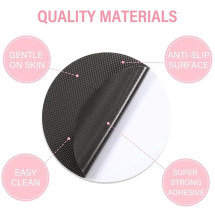Round Non-Slip Stickers for Everyday Bathroom Safety showing black round sticker with anti-slip surface, waterproof PEVA, gentle on skin and strong adhesive