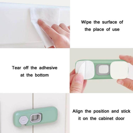 Children Anti-Pinch Door Safety Lock, Light Gray, For Home Use - step-by-step installation on cabinet door with adhesive wipe and align