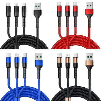 Versatile USB Cable for Everyday Device Charging Needs - nylon braided aluminum alloy charging and data cable in black red blue and rose gold, multi-tip set