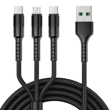 Versatile USB Cable for Everyday Device Charging Needs - black nylon braided 3-in-1 charging and data cable with USB-A and multiple connector tips