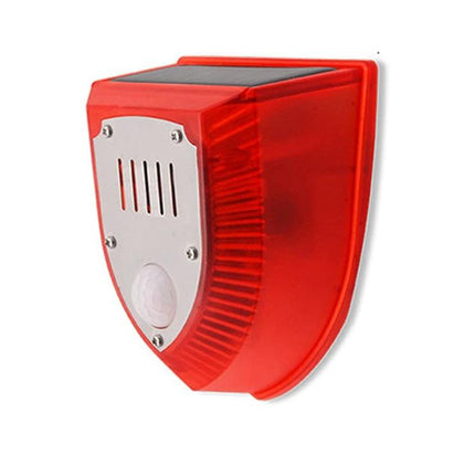 Solar Powered Outdoor Animal Repeller with Sound and Light Alarm red solar-powered unit with motion sensor and LED warning light