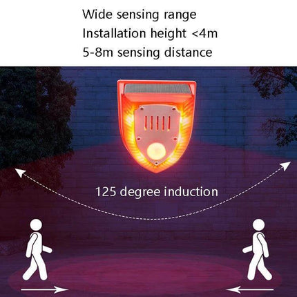 Solar Powered Outdoor Animal Repeller with Sound and Light Alarm mounted showing 125 degree induction and 5-8m sensing distance