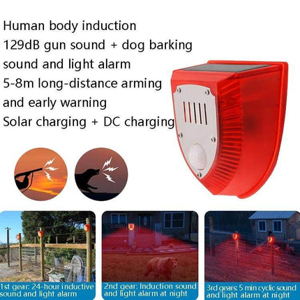 Solar Powered Outdoor Animal Repeller with Sound and Light Alarm mounted in garden deterring animals with solar panel and red LED light