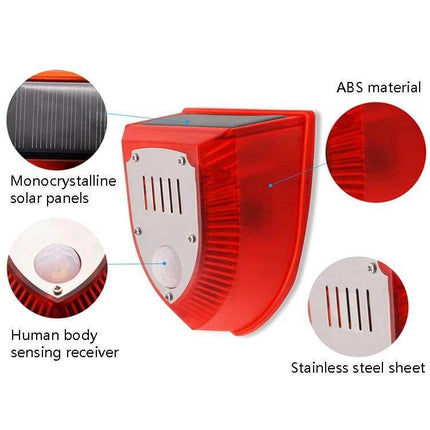 Solar Powered Outdoor Animal Repeller with Sound and Light Alarm, red ABS unit with solar panel, sensor and stainless steel speaker