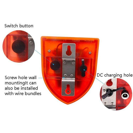 Solar Powered Outdoor Animal Repeller with Sound and Light Alarm - orange back view showing switch, screw hole wall mount and DC charging hole