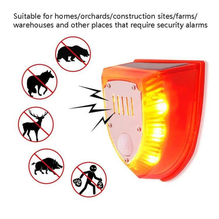 Solar Powered Outdoor Animal Repeller with Sound and Light Alarm mounted in garden deterring deer, raccoons, and pests with flashing light and sound