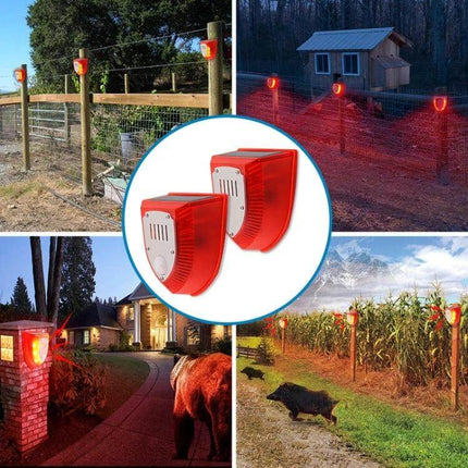 Solar Powered Outdoor Animal Repeller with Sound and Light Alarm mounted on fence posts protecting garden, yard, and farm areas