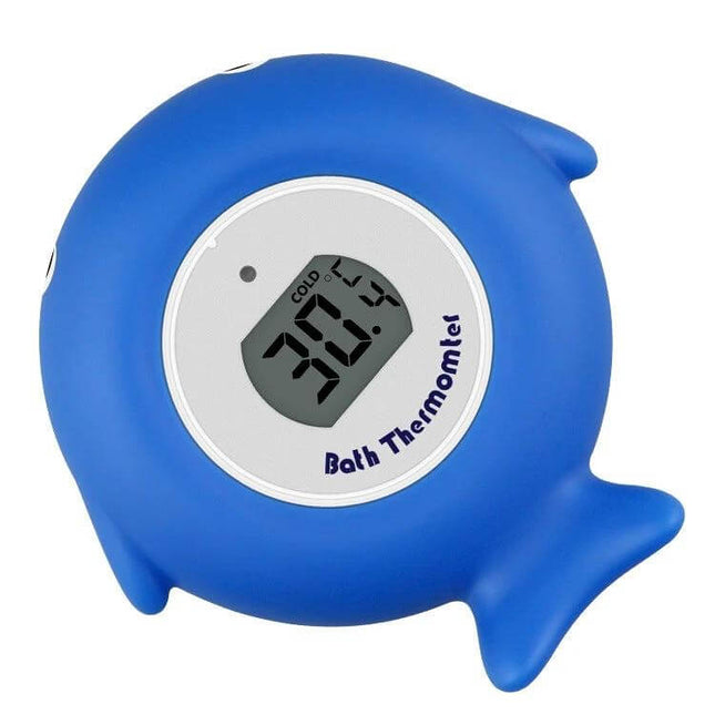 Little Fish Baby Bath Thermometer Two Pack For Tub And Pool blue fish-shaped digital thermometer showing 30°C display, button-free design