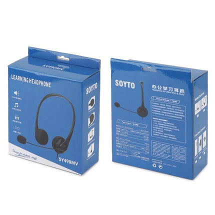 SOYTO Black Double Ear Headset For Online Classes And Meetings black wired headset packaging shown for education use