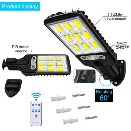 Solar Street Light With Motion Sensor For Garden Walkways - wireless solar LED with PIR motion, remote, 60° rotating mount for garden paths, driveways, fences