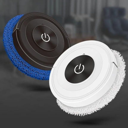 Automatic Floor Sweeping and Mopping Machine in Piano Black showing two round robotic mop-sweep heads (black and white) with power symbol, edge-cleaning bristles