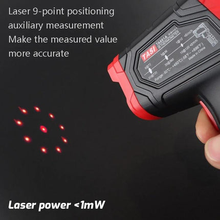 TASI Infrared Thermometer for Everyday Temperature Checks with Colorful Display showing 9-point laser positioning and handheld angle