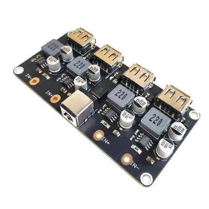 Versatile 4-Way USB Fast Charging Module for Multiple Mobile Devices - black PCB with four QC3.0 USB ports and capacitors for simultaneous device charging