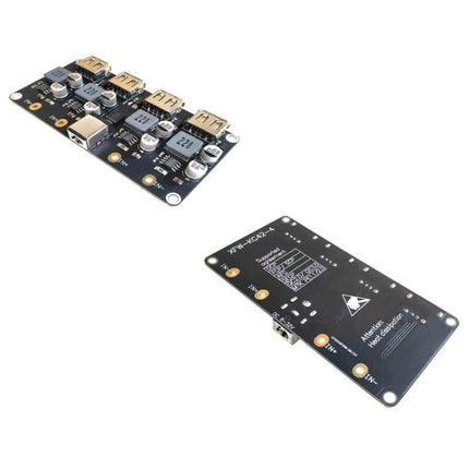 Versatile 4-Way USB Fast Charging Module for Multiple Mobile Devices showing front with four QC 3.0 USB ports and rear PCB view