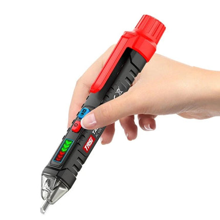 TASI Non-Contact Voltage Tester for Safe Wire Detection held in hand showing LED indicators and probe tip for quick live wire checks