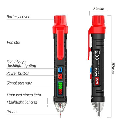 TASI Non-Contact Voltage Tester for Safe Wire Detection — red pen-style tester with probe, pen clip, sensitivity buttons and LED signal indicators