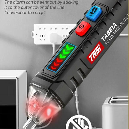 TASI Non-Contact Voltage Tester for Safe Wire Detection handheld tester with LED arrows and red detection light near an outlet