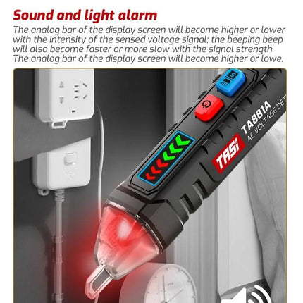 TASI Non-Contact Voltage Tester for Safe Wire Detection showing red LED tip and signal indicators near wall outlet