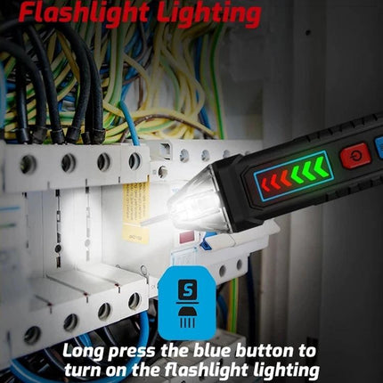 TASI Non-Contact Voltage Tester for Safe Wire Detection detecting live wire in electrical panel with LED indicators and flashlight lighting
