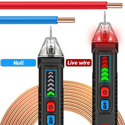 TASI Non-Contact Voltage Tester for Safe Wire Detection showing live and null wire detection with LED indicators