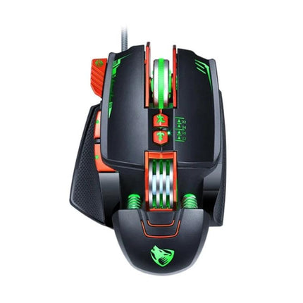 T-Wolf V9 Mechanical Wired Gaming Mouse for Precise Control – black aluminum ABS wired gaming mouse with green LED accents