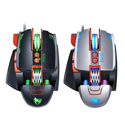 T-Wolf V9 Mechanical Wired Gaming Mouse for Precise Control black and silver dual-view with RGB lighting and braided cable