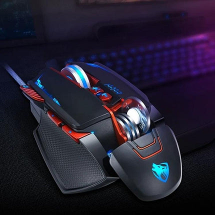 T-Wolf V9 Mechanical Wired Gaming Mouse for Precise Control showcasing aluminum frame, textured grip, RGB lighting and adjustable DPI controls
