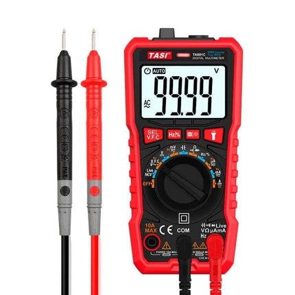 TASI Automatic Digital Multimeter for Everyday Electrical Testing showing red handheld multimeter with probes and 99.99 reading