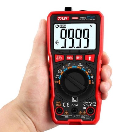 TASI Automatic Digital Multimeter for Everyday Electrical Testing handheld multimeter showing 99.99 reading, auto range, rotary dial and red protective case