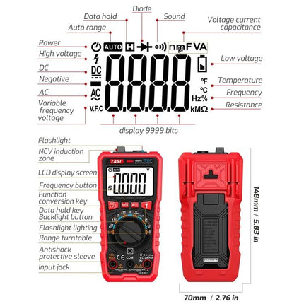 TASI Automatic Digital Multimeter for Everyday Electrical Testing - red handheld meter with LCD, auto range, NCV, rotary switch, and labeled display icons