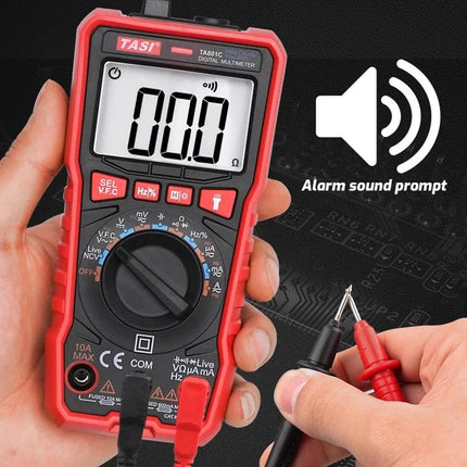 TASI Automatic Digital Multimeter for Everyday Electrical Testing handheld multimeter with probes showing 0.0 reading and alarm sound prompt