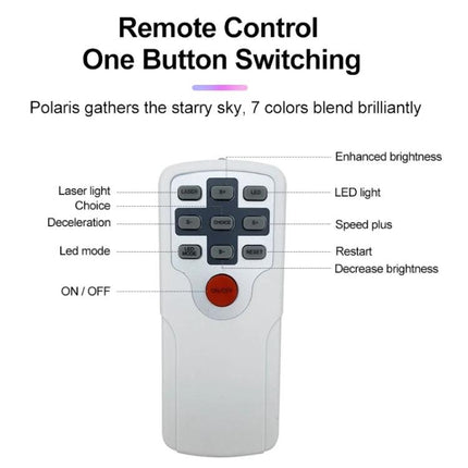 Projector Lamp That Adds Starry Skies to Your Home remote control showing LED, laser, brightness and mode buttons for starry sky projection