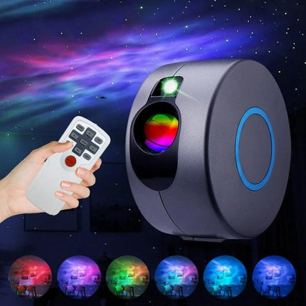Projector Lamp That Adds Starry Skies to Your Home projecting colorful LED stars on ceiling with remote control for bedroom or home theater