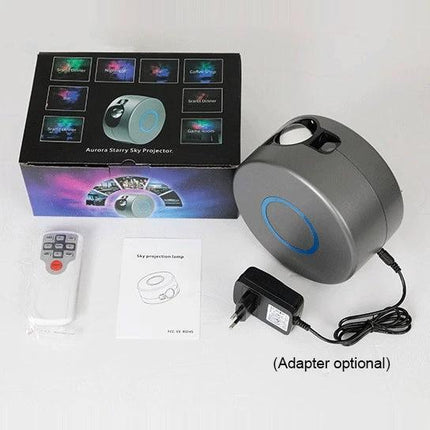 Projector Lamp That Adds Starry Skies to Your Home - gray LED starry sky projector with remote, adapter and box