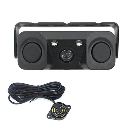 Backup Camera for Vehicles with Smart Reversing Assistance front view showing camera, sensors, LED lights and wired speaker for parking alerts
