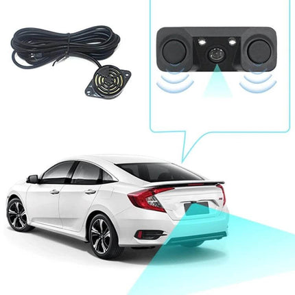 Backup Camera for Vehicles with Smart Reversing Assistance shown installed on car rear providing HD view and obstacle detection with audio alert