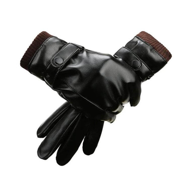 Men Windproof PU Riding Gloves for Cold Winter Weather - black PU shell with thick velvet lining, water-repellent, windproof riding gloves