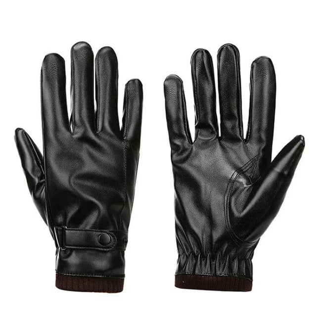 Men Windproof PU Riding Gloves for Cold Winter Weather - black PU gloves with thick velvet lining, windproof, water-repellent, elastic cuff and snap strap
