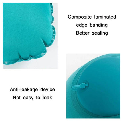 Travel Inflatable Press U-Shaped Neck Guard Pillow, Peacock Green showing peacock green inflatable neck pillow close-up with anti-leak push-type inflator and composite sealed edge