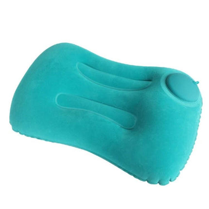 Travel Inflatable Press U-Shaped Neck Guard Pillow, Peacock Green shown inflated with push-type valve and soft milk-silk cover for travel support