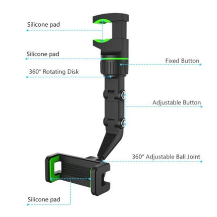 Multifunction Vehicle-Mounted Video Bracket Green Phone Mount showing silicone pads, 360° rotating disk, adjustable buttons and ball joint for secure smartphone positioning