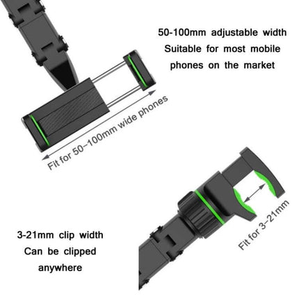 Multifunction Vehicle-Mounted Video Bracket Green Phone Mount adjustable 50–100mm width, 3–21mm clip for dashboards, mirrors, bedside hands-free use