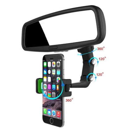 Multifunction Vehicle-Mounted Video Bracket Green Phone Mount clipped to rearview mirror showing 360° adjustable arm and secure smartphone grip